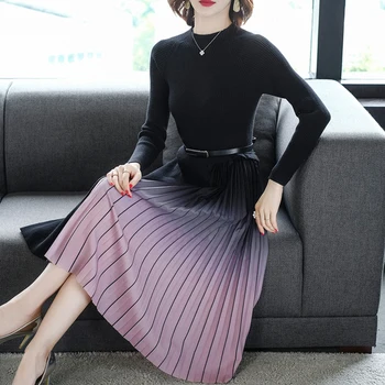 

Autumn A-line Striped Knitted Dress Elegant Midi Dress Fashion Long Sleeve Dress Sashes Vestidos De Festa Women's Clothings