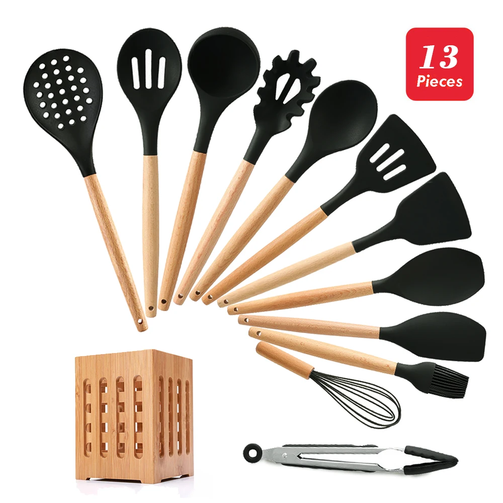 13-Pcs kitchen set 13 шт. набор для кухни, кухонные инструменты, силиконовые набор кухонных принадлежностей, антипригарная лопатка, деревянная ручка с ящиком для хранения, инструменты для приготовления пищи, кухонная утварь - Цвет: 13-Pcs kitchen set