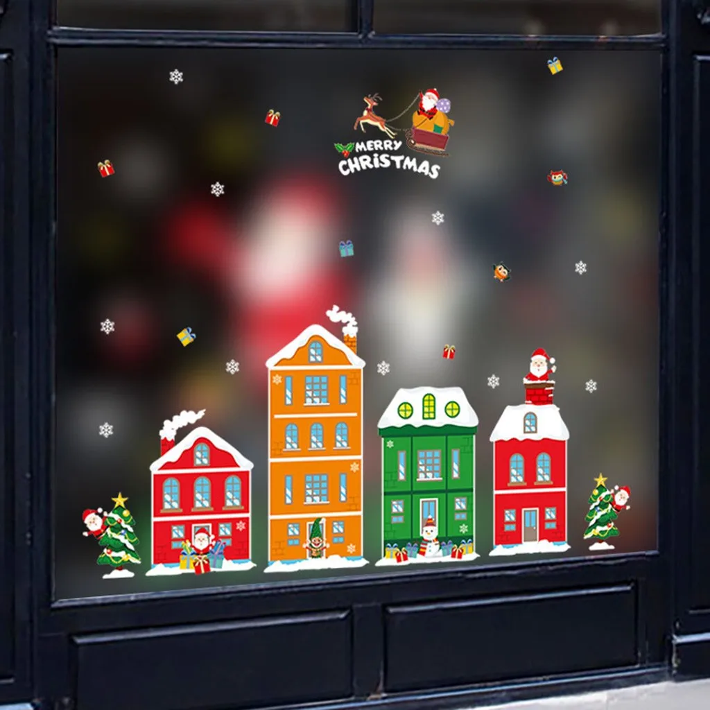 Merry Christmas стикер на стену s Мультфильм Снеговик Санта для витрины, стекла украшение, наклейки из ПВХ Рождество Домашний декор настенные наклейки