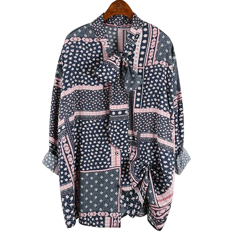 

[EWQ] 2020 Spring Summer New Pattern Bow Collar Long Sleeve Print Patchwork Single Breasted Indie Folk Shirt Women AK73205