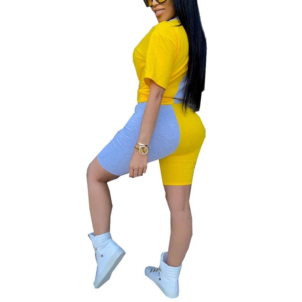 Women Summer Pacthwork Casual Two-pieces Sportswear Female Short Sleeve+Shorts Pants Tracksuits Sport Set Outfits