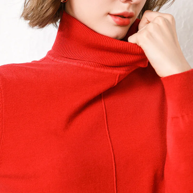 Новинка, шерстяной женский свитер с высоким воротом, Корейская Свободная трикотажная рубашка с длинным рукавом, женская зимняя куртка - Цвет: Big red