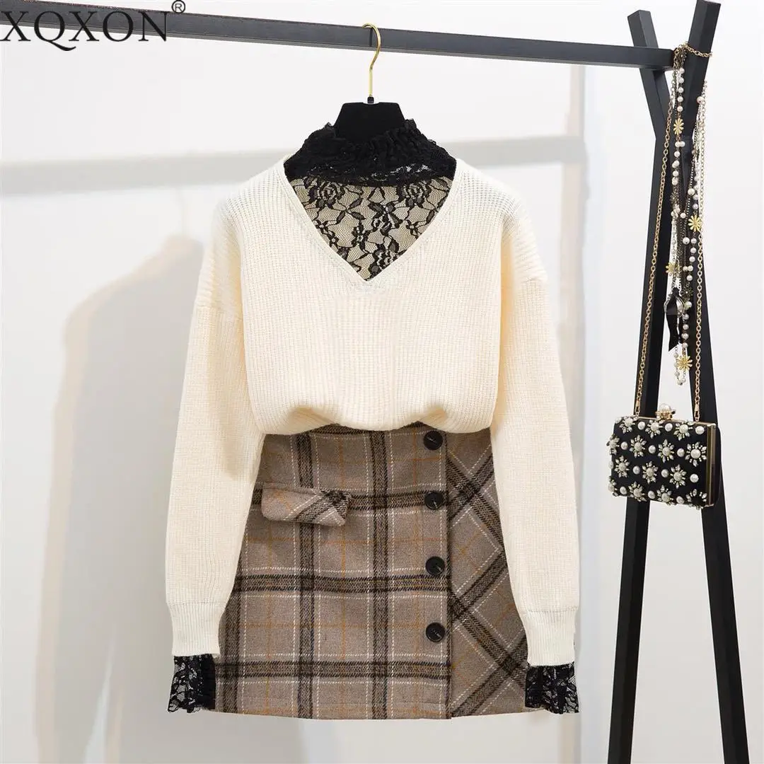 

Elegant Half Turtleneck Sexy Lace Knit Sweater and Plaid Mini A-line Woolen Skirt Two piece set Autumn 2019 Fashion Student Sets