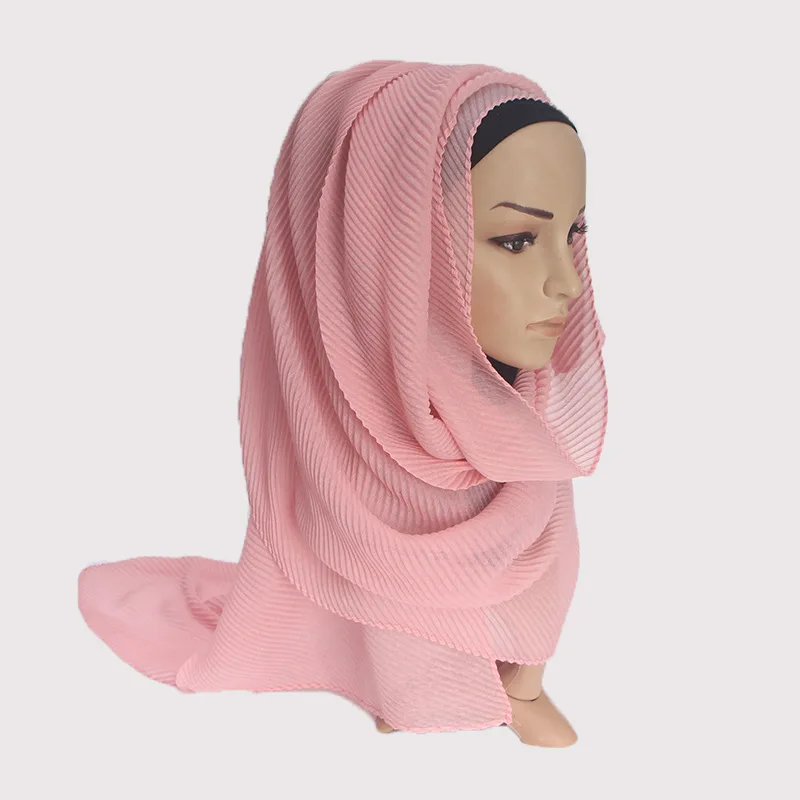 Женская мода Универсальный сплошной цвет морщинистый платок хиджаб шарф мягкий хлопок платок - Цвет: 2