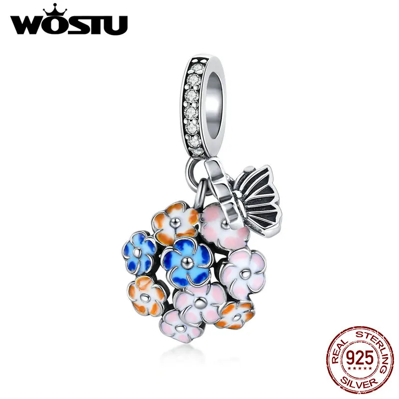WOSTU 100% 925 Sterling Silver Bead Colorful Flower Charm Pendant Fit Original Bracelet Necklace DIY Jewelry CQC1702 |