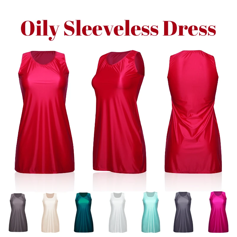 Women One Piece Bodysuit Sleeveless Vest Dresses Satin Gloss Bodycon Clubwear Oil Shiny Glossy Vest Tank Dress