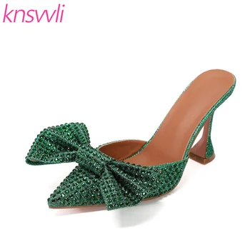 

Rhinestone Bowknot Slippers Women Goblet Heel Sequins Shoes Woman Slides Crystal Bling Strange Style High Heel Mules Shoes Women