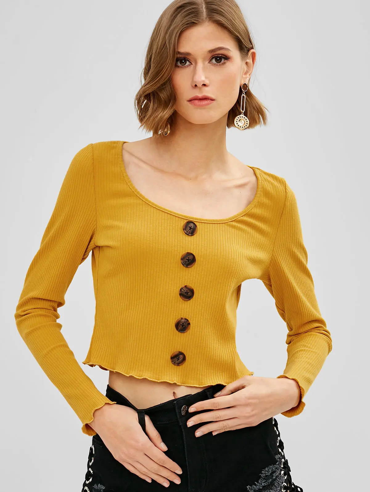 

Scoop Neck Long Sleeve Knitting Women Tops Sweaters Pullover Solid Slim Casual Ladies Buttons Embellished Crop Knitwear