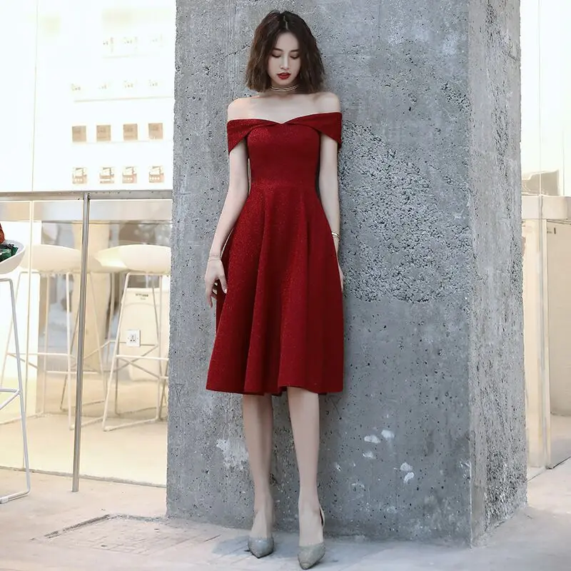 

Plus Size Evening Host Short Dresses Off Shoulder Sleeveless Simple Sequins Satin Party Gown Soiree Sexy Formal Dress MS-0010