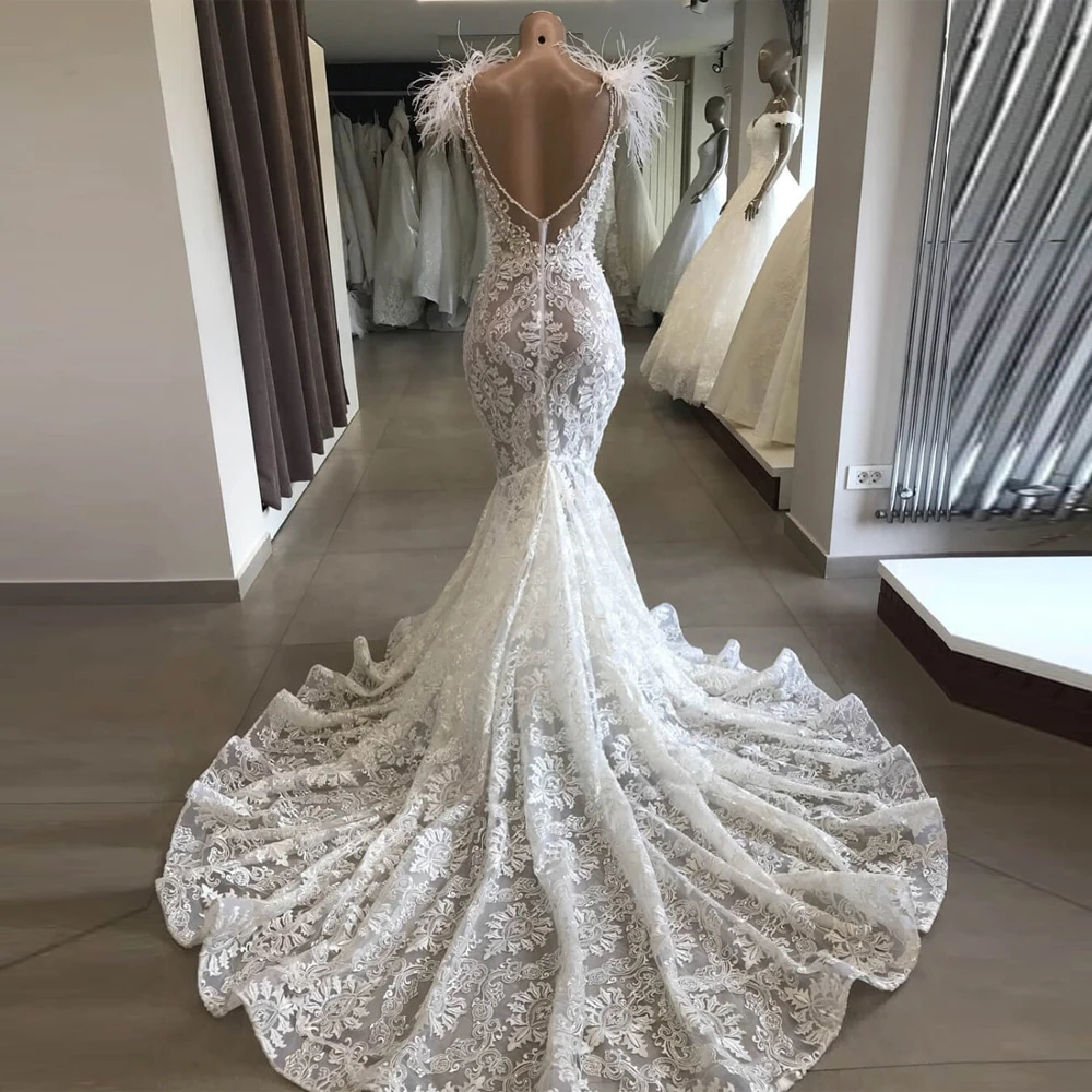 Robe De Mariee роскошные индивидуальные Кружева Бисероплетение Свадебные платья перья элегантные с открытой спиной русалка свадебные платья свадебное платье