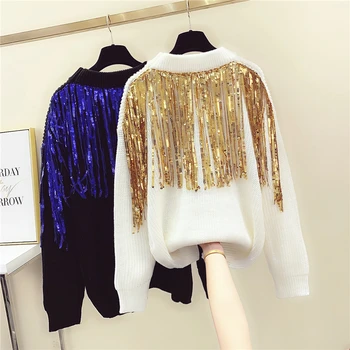 

Sequin Tassel Sweater Women Thickened Warm Tassel Sequins Bead Sweater Female Harajuku Sweaters Jumper Femme Pullovers Mujer