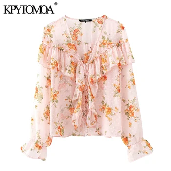 

KPYTOMOA Women 2020 Fashion Floral Print Ruffled Chiffon Blouses Vingta V Neck Long Sleeve Transparent Female Shirts Chic Tops