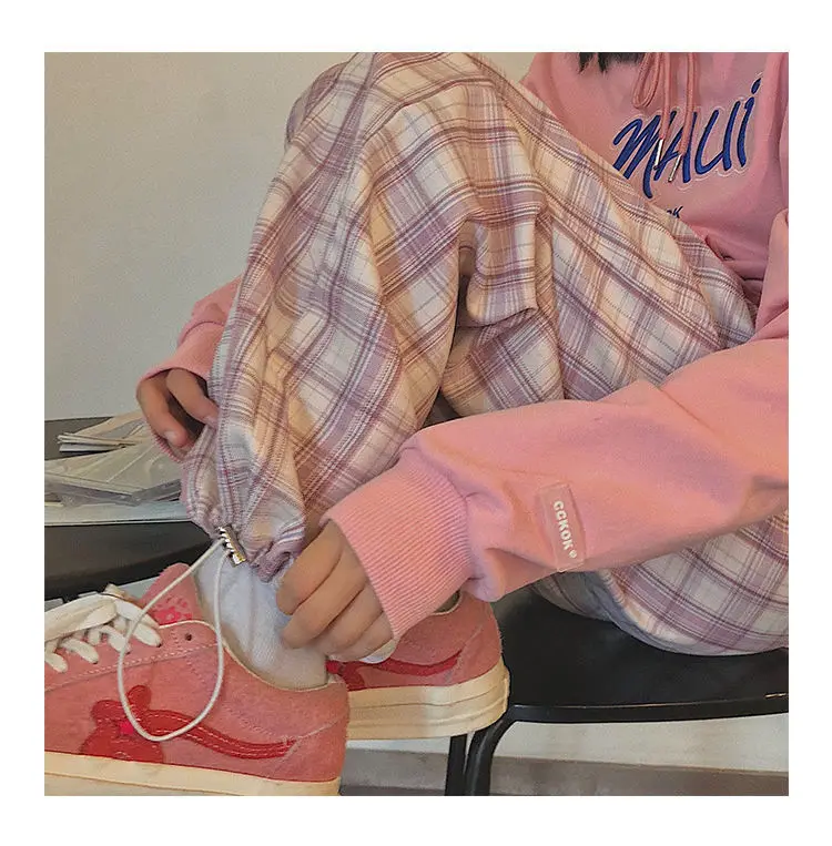 Korean Vintage Pink Plaid Wide Leg Pants With Pockets JKP4784