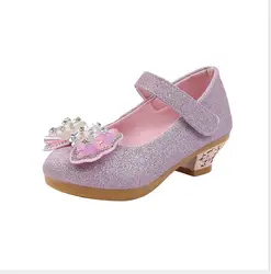 Children Party Leather Shoes Girls High heels Lace Flower Kids Rhinestone sandals For Girls Single Shoes Dance Dress shoe Gold P