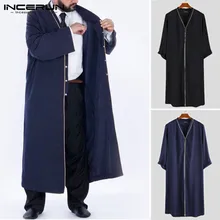 INCERUN мужские длинные тренчи с длинным рукавом и пуговицами уличная однотонная мешковатая модная верхняя одежда мужская ветровка мусульманская одежда