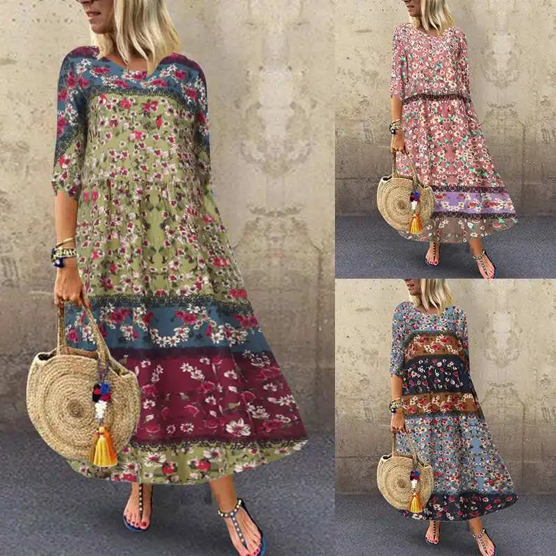 Vintage Women's Printed Maxi Dress ZANZEA Autumn Sundress Casual 3/4 Sleeve Linen Vestidos Patchwork Robe Plus Size S-5XL
