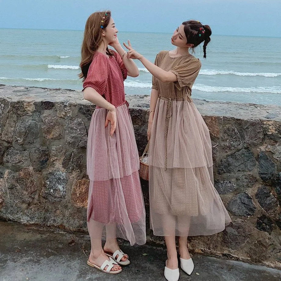 

Photo Shoot CHIC Retro Coral Red Plaid Crew Neck Waist Hugging Lace-up Fairy Gauze Joint Mock Two-Piece Dress Summer