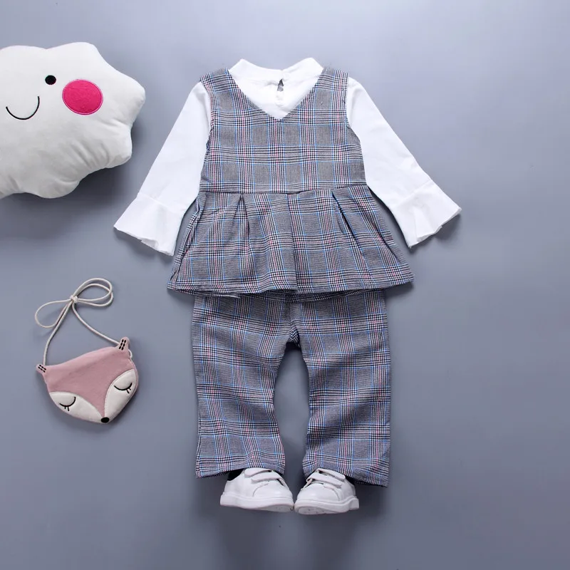 Stylish Children Set Baby Girl Formal Dress Shirt Tops Plaid Vest Dress Pants Outfit 3PCS Autumn Xmas Suits