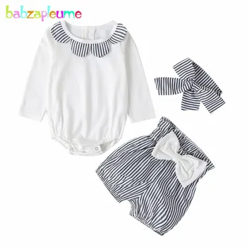 

3Piece/Summer Baby Girls Clothes Set Casual Long Sleeves Infant Bodysuit+Stripe Bow Shorts+Headband Newborn Clothing BC1576-1