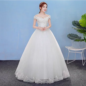 

Feerijt 2020 Robe De Mariee Sweet Boat Neck Short Sleeve Wedding Dress Lace Applique Plus Size Floor Length Lace Up Bride Gown