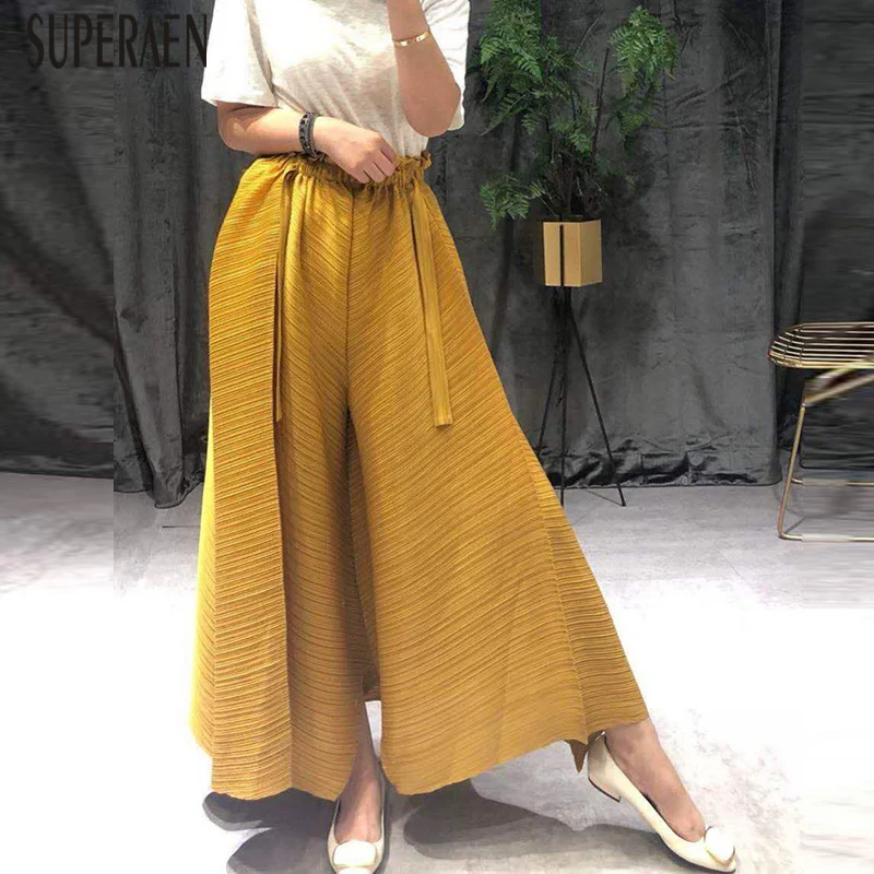 

SuperAen Pluz Size Elastic Waist Women Pants Autumn New 2019 Ladies Wide-leg Pants Solid Color Europe Pants Female