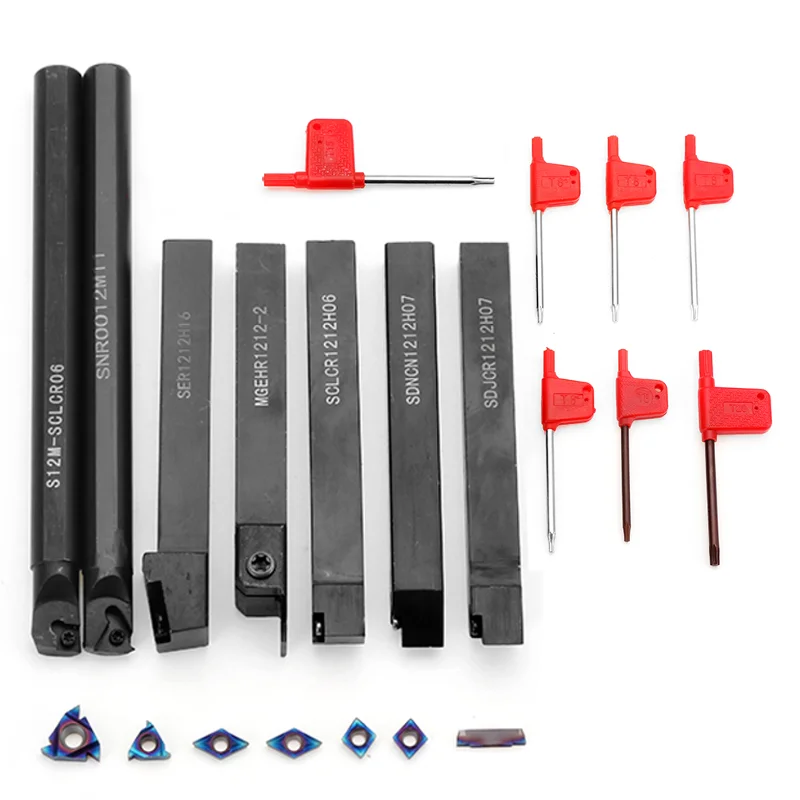 

7pcs 12mm Shank Lathe Boring Bar Turning Tool Holder Set With Blue Carbide Inserts