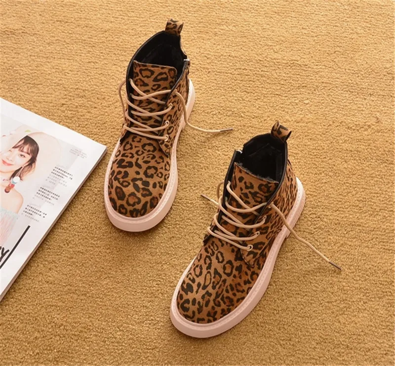 Fashion Leopard  Winter Brand Women Shoes Round Toe Lace-Up Ankle Boots Zipper Low-heel Casual Lady Flat Platform Boots Sneakers (13)