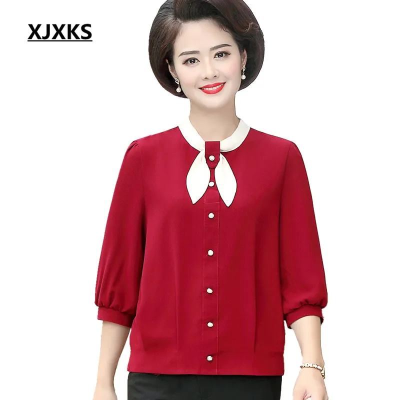 

XJXKS 2019 autumn new women's chiffon shirt loose plus size comfortable three quarter sleeve casual top women's blouse