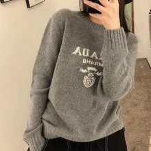 

Fall winter Letter Jacquard Loose Round Neck Casual Short Wool Sweater Sweater Women