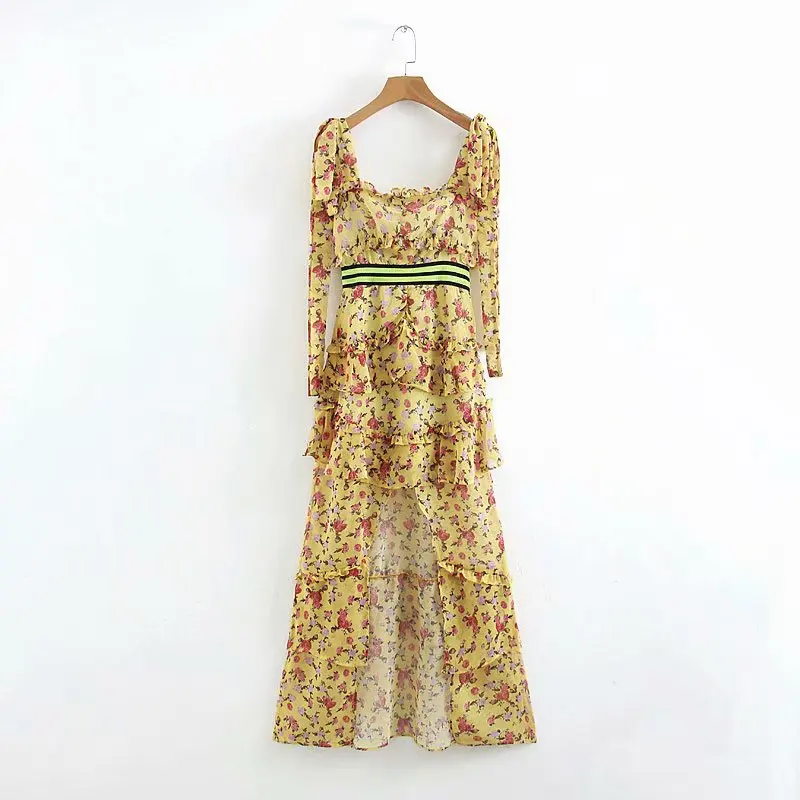 

2019 Spring WOMEN'S Dress Yellow Small Flower Layers Front Short Long Back Waist Hugging Dress 8974