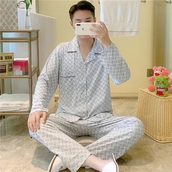 

XIZOU Brand Spring Autumn Winter Men 100% Cotton Pajamas Sets of Sleep Top & Pants Male Pijama Casual Home Clothing Sleepwear