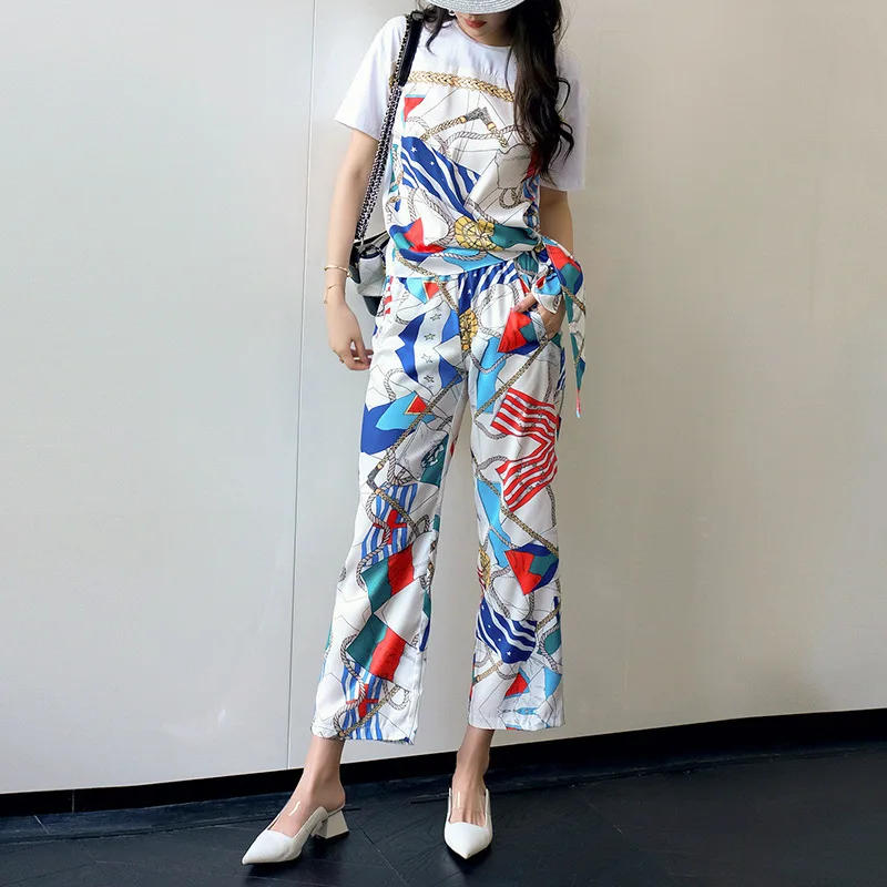 

Ozhouzhan WOMEN'S Dress 2019 Summer New Style France Non-mainstream Chain Printing Short-sleeved T-shirt + Loose Pants-Style Set