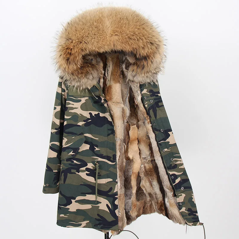 MaoMaoKong/Новая Высокая мода, женская длинная парка, большое пальто с капюшоном из натурального меха енота, верхняя одежда, натуральный цвет, военная зимняя куртка - Цвет: camo