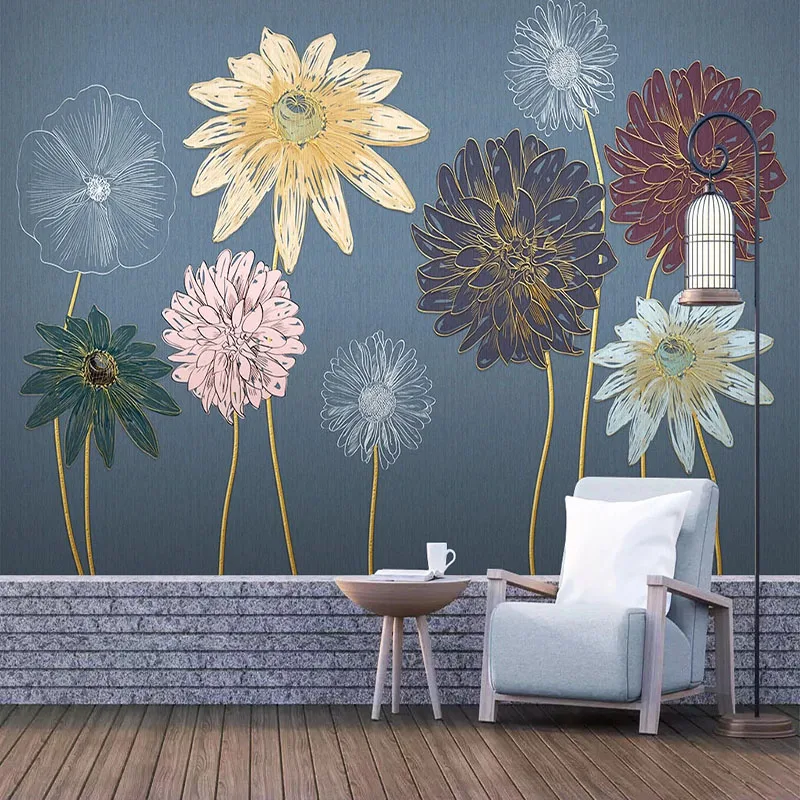 

Custom 3D Self-Adhesive Wallpaper Light Luxury Plant Flowers Golden Embossed Lines Mural Living Room Bedroom Waterproof Sticker