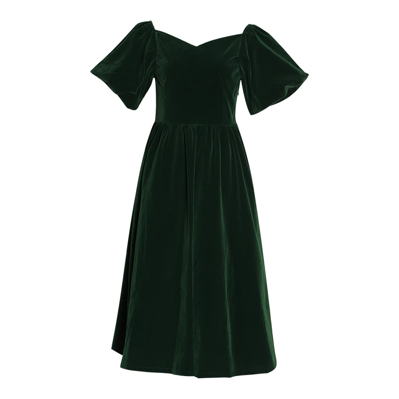 CHICEVER винтажное элегантное платье для женщин Slash шеи с пышными рукавами с высокой талией А-силуэта миди платья женские Летняя мода Новинка - Цвет: green