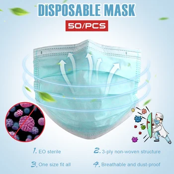 

50Pcs Face Masks 3-ply Disposable Non-Woven Daily Care Masks Dust-proof Hanging ear Dust Filter Safety Elastic Facial Masks