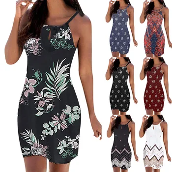 

Dress 2020 Vintage Sexy Bohemian Floral Tunic Beach Dress Sundress Halter Neck Boho Print Sleeveless Casual Mini Beachwear Dress