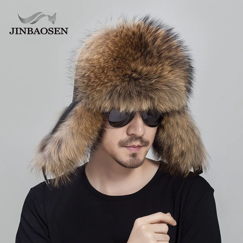 COLOR2 JINBAOSEN русская Кожаная Шапка-бомбер мужская зимняя шапка наушники мужские шапки из натурального меха енота Черная шапка с лисой - Цвет: COLOR2