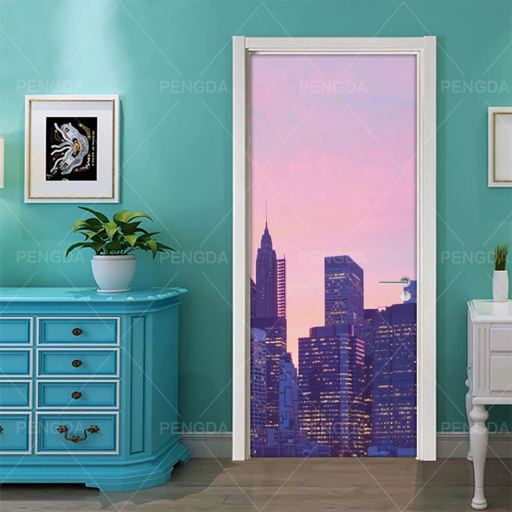 Печать самоклеющиеся Diy художественная картина Нью-Йорк вид на ночной город 3D наклейки для спальни декор двери водоотталкивающие Обои Обновления наклейки