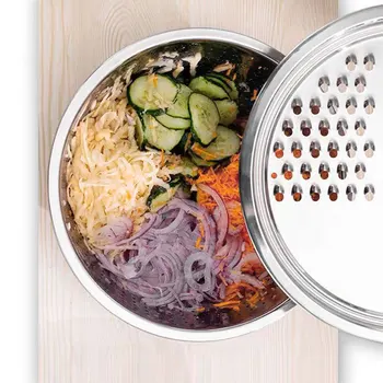 

New Hot Multifunctional Stainless Steel Basin Drain Basket Vegetable Cutter 3 in 1 Kitchen Julienne Grater SMD66
