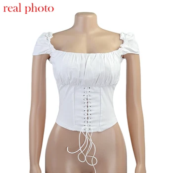 Cryptographic Off Shoulder Fashion Lace Up Shirts Blouse Blouse Women White Crop Tops Blouses Clothes