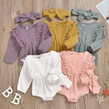

Spring Autumn Cotton Clothes Set 2pcs Hot Selling Personality Breathable Soft Surface Baby Kid Girl Solid Rompers Headband