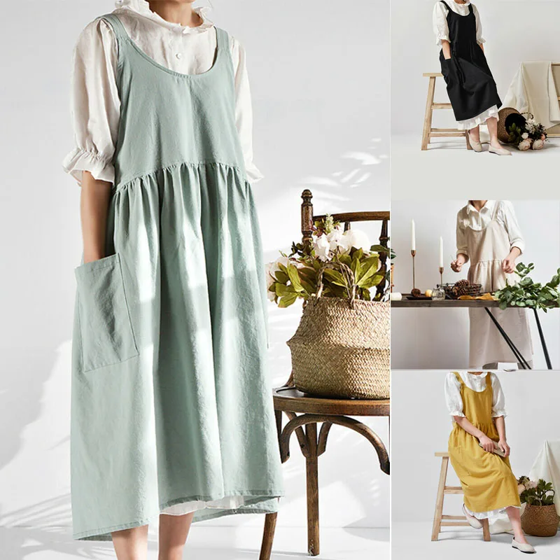 AA 1PC Autumn Female Women Bib Apron Cotton Linen Pinafore Dress Cafe Kitchen Cooking Florist Vintage