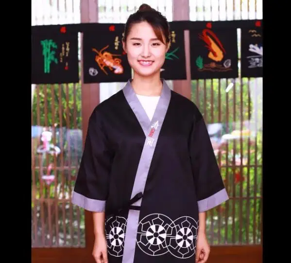 На заказ унисекс японский стиль шеф-повара Униформа Ресторан вышивка Кухня Повара одежда кимоно суши повара форма средний рукав - Цвет: black top