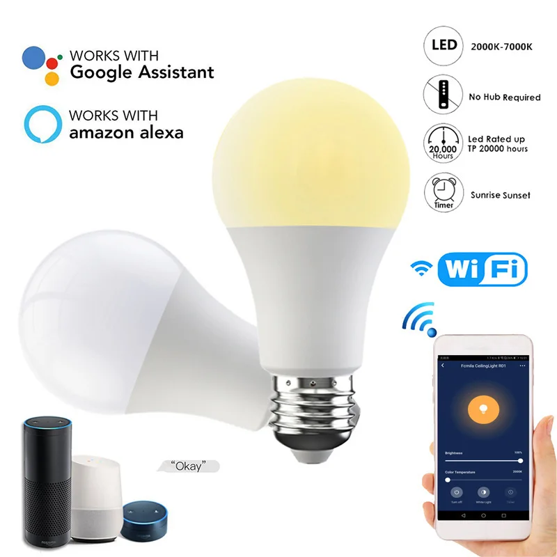 

2000K/7000K Smart Wifi LED Light Bulb Smart Home App Control For Amazon Alexa/Google Home Work With Google Assistant Smart Lamp