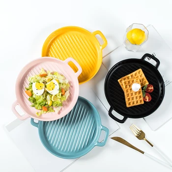 

Colorful Ceramic Baking Dish Pizza Dish Round Dish Plates with Handle Microwave Oven Flat Plate Tableware