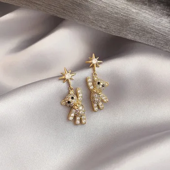 Simple Cute Full Semi-precious Stones Little Bear Earrings Temperamental Sweet Eight-pointed Star Glistens Dangle Earrings