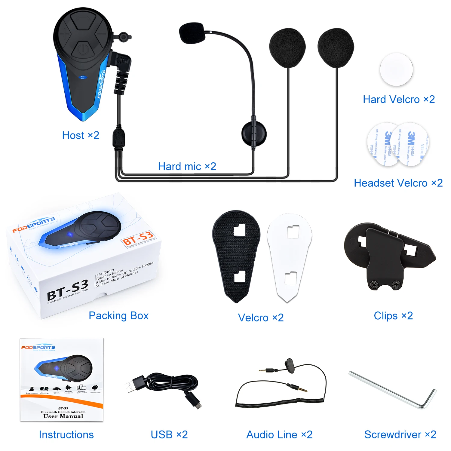 2pcs Fodsports BT-S3 Motorcycle Intercom Helmet Bluetooth Headset