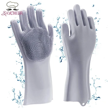 

Reusable Silicone Gloves with Scrubbing Bristles Nonslip Magic Latex Gloves for Kitchen Cleaning Multipurpose Dishwashing Gloves