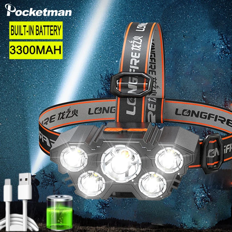 Super Brightest 5 Led Headlamp Usb Rechargeable Headlight Waterproof